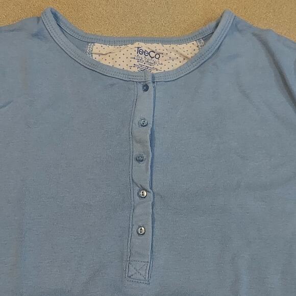 TeeCo Shirt Women's Size Large Quarter Button Blue Short Sleeve Top - Picture 3 of 6